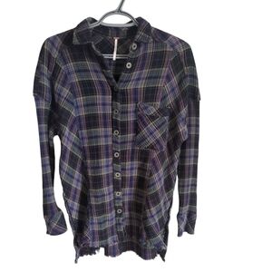 Free People Juniper Ridge Gauzy Cotton Plaid Shirt Purple/Blue/Green Plaid Sz Sm